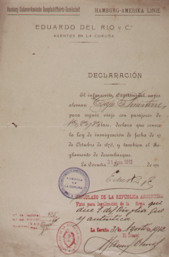 Declaración del capitán del barco "Cap. Finisterre", reconociendo las condiciones de embarque según la legislación argentina. La Coruña, agosto de 1912 (Dirección Nacional de Migraciones)